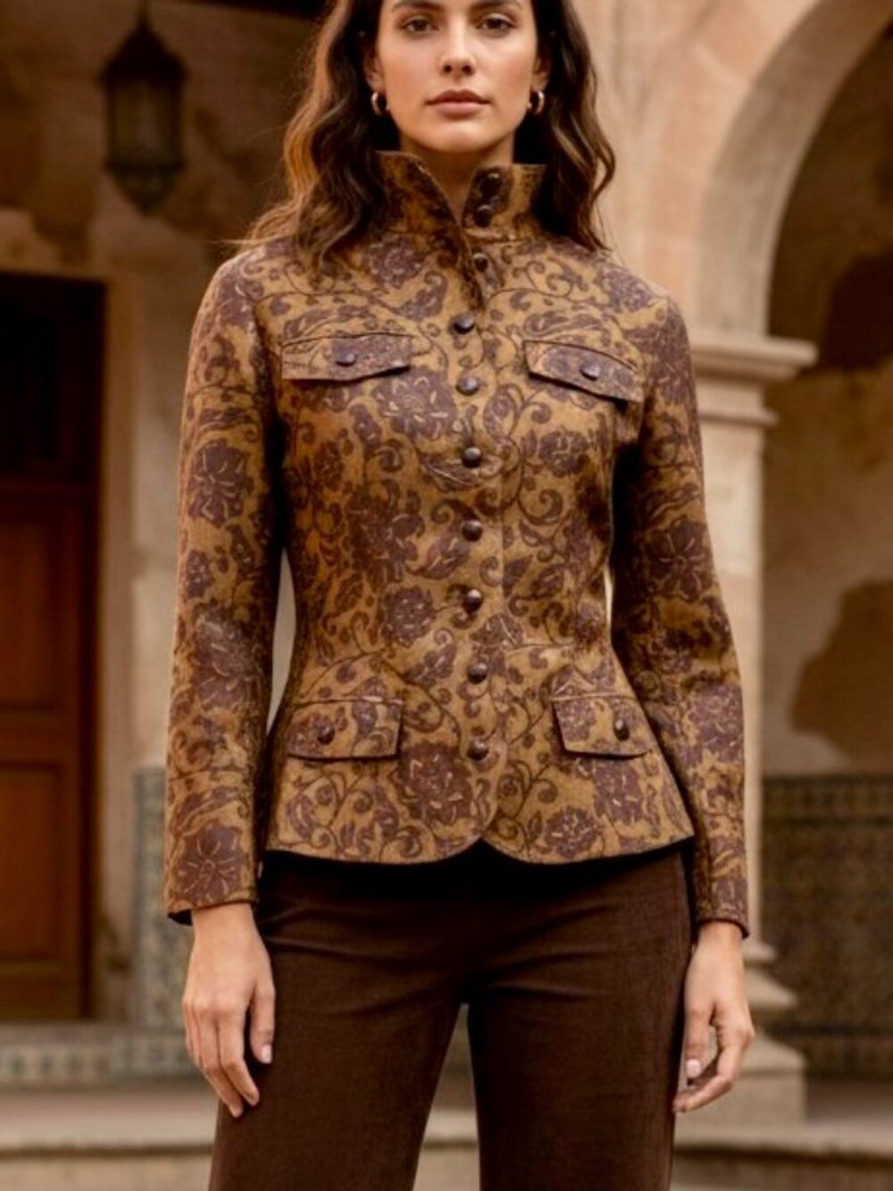 Peruvian Connection Jacket Blazer High Neck Brown Brocade Cotton Blend Peplum (6